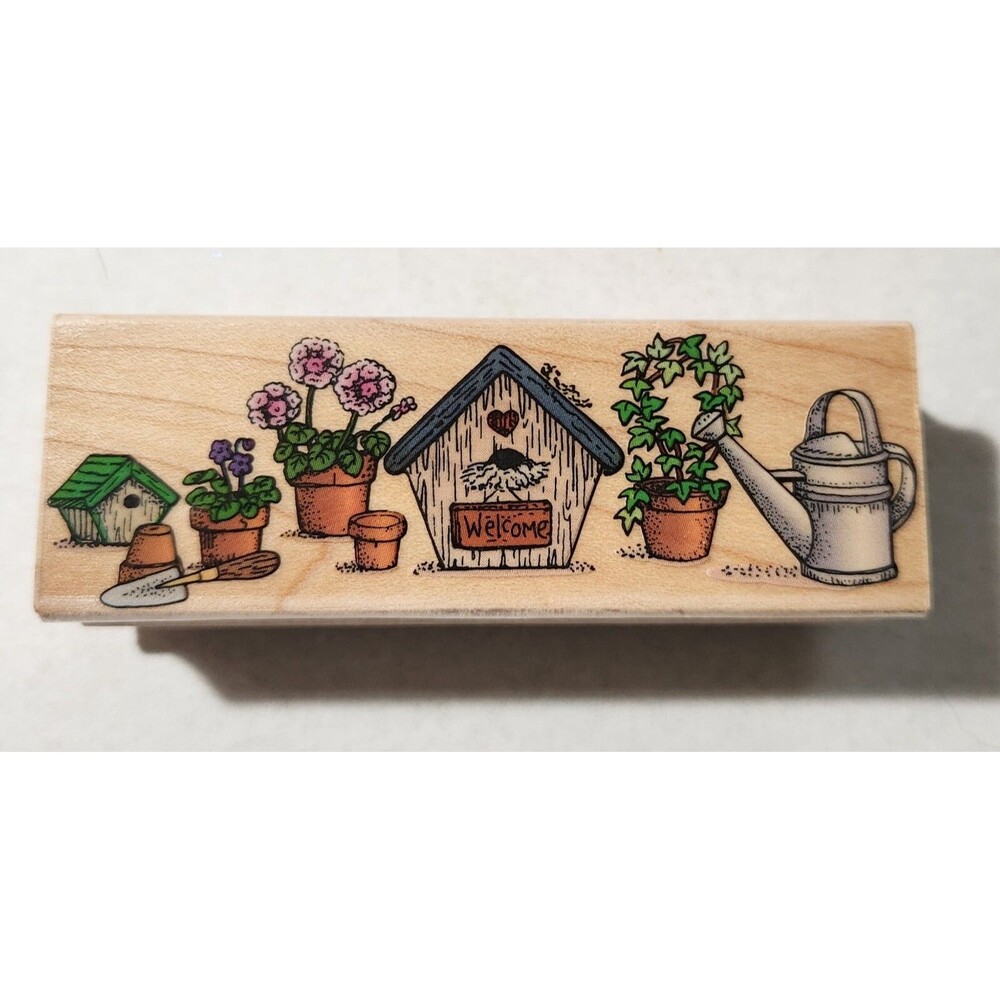 Birdhouse Border Garden Flower Water Can Hero Arts Rubber Stamp 1996 USA Unused